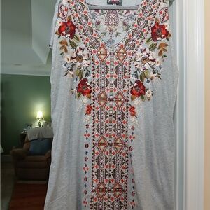 Johnny Was Gray Midi Dress with Red, Orange and Green Embroidery